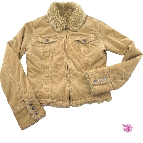 Twenty One Womens Small Corduroy Trucker Jacket sherpa trim khaki - Picture 1 of 6